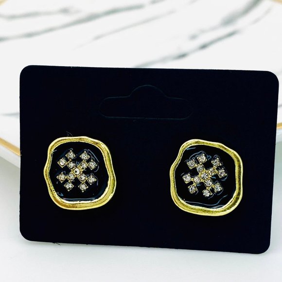 Black enamel and gold stud earrings - Picture 2 of 4